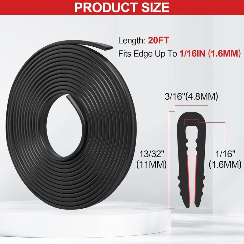 ToLanbbt حافة مطاطية على شكل U - واقي حافة معدني ذاتي اللصق بسمك 1/16"، شريط ختم EPDM لأبواب السيارات، ألواح فولاذية، زجاج، فتحات، زوايا الطاولات، يناسب 1/16" (1.6 مم)، 20 قدم، أسود - Image 2
